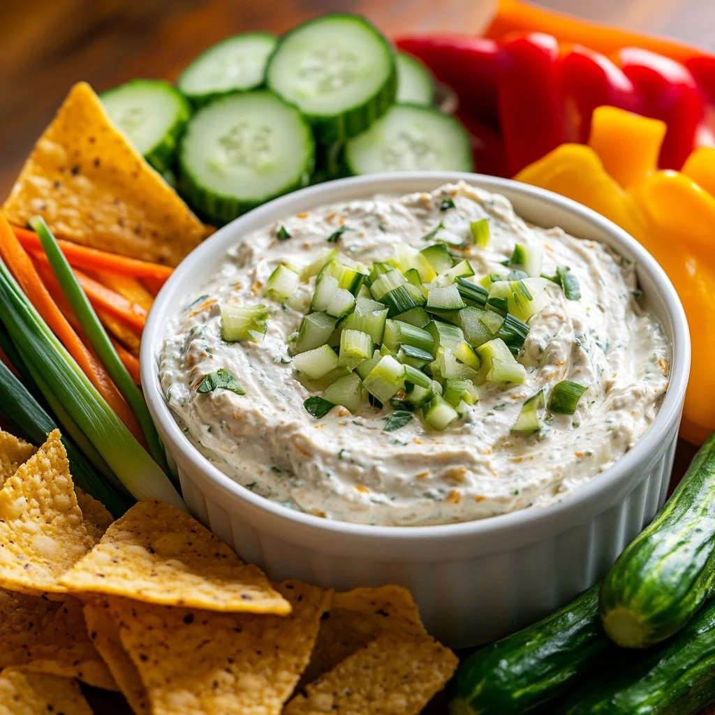 High protein crack dip served in a bowl with fresh vegetables for dipping