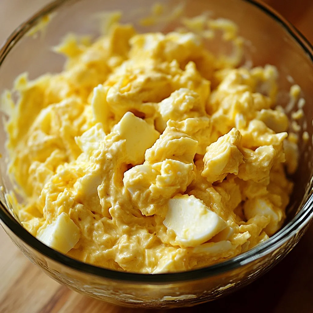 High protein egg salad served in a bowl, garnished with herbs.