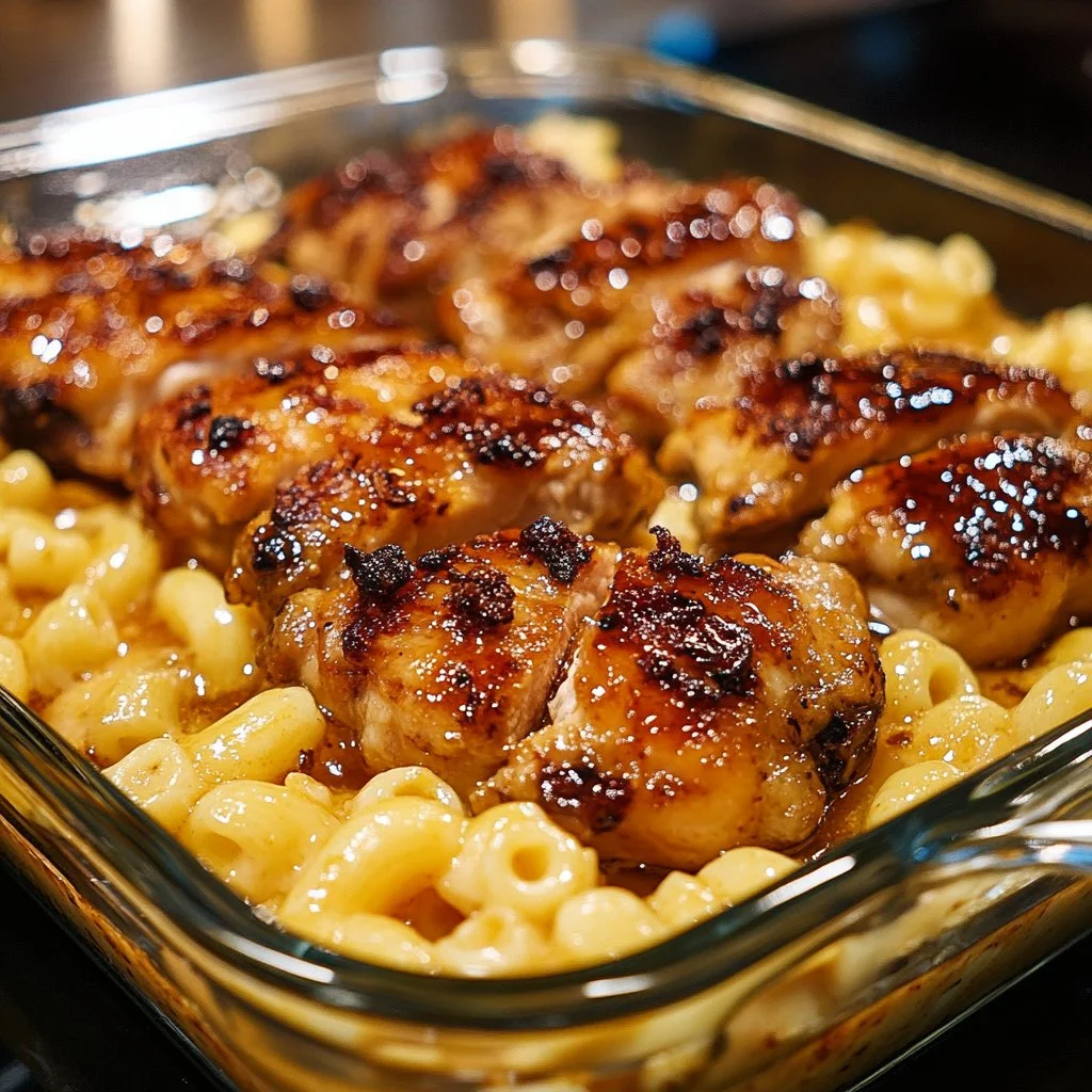 High-protein honey garlic butter chicken served with mac and cheese.