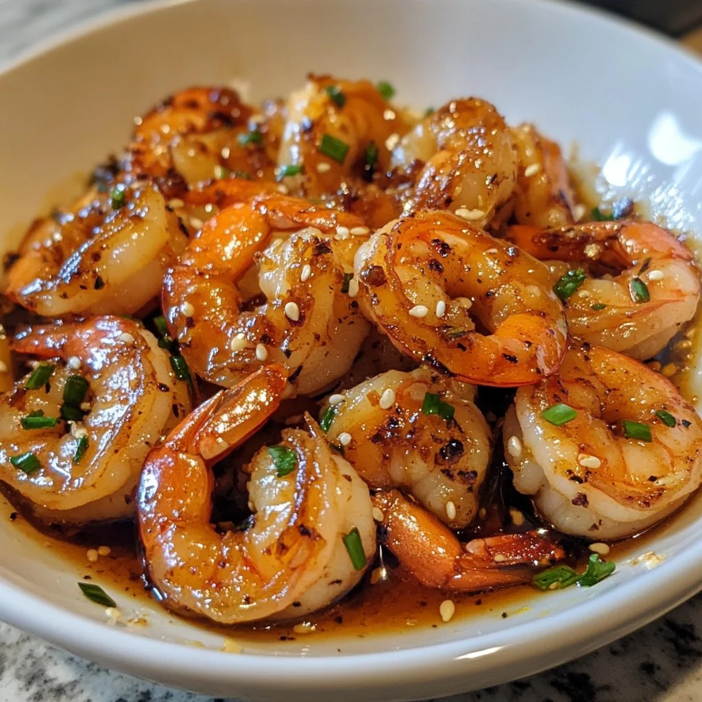 Plate of high-protein honey garlic shrimp garnished with herbs