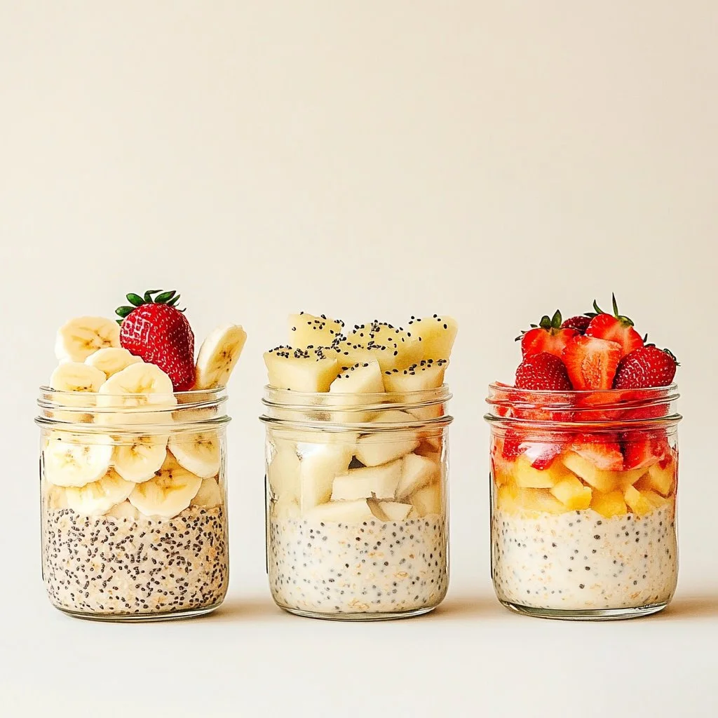 Delicious high-protein overnight oats topped with fruits and nuts for breakfast.