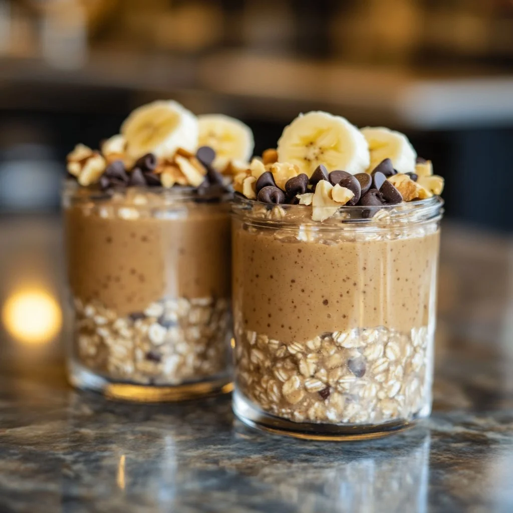High-protein peanut butter overnight oats in a bowl topped with fruit.