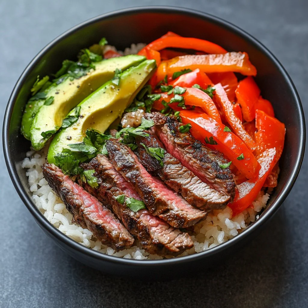 High Protein Steak Fajita Bowl with colorful peppers and seasonings