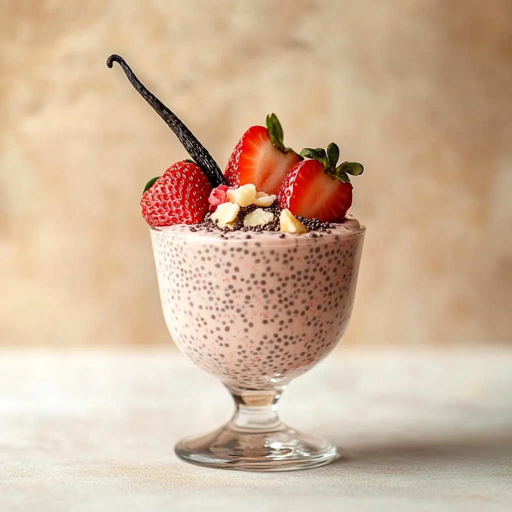 High-protein strawberry chia seed pudding in a glass bowl with fresh strawberries