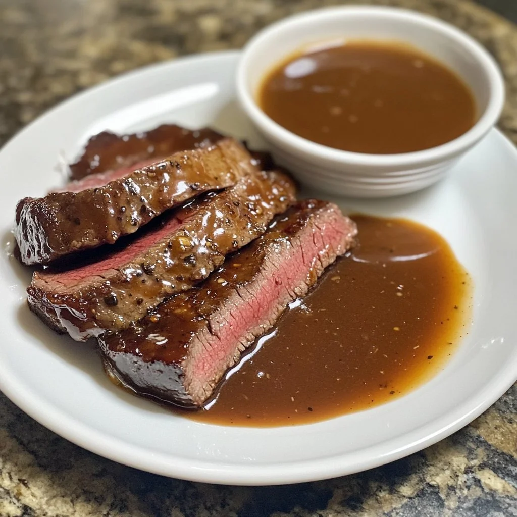 Homemade A1 steak sauce in a glass jar with fresh herbs and spices.