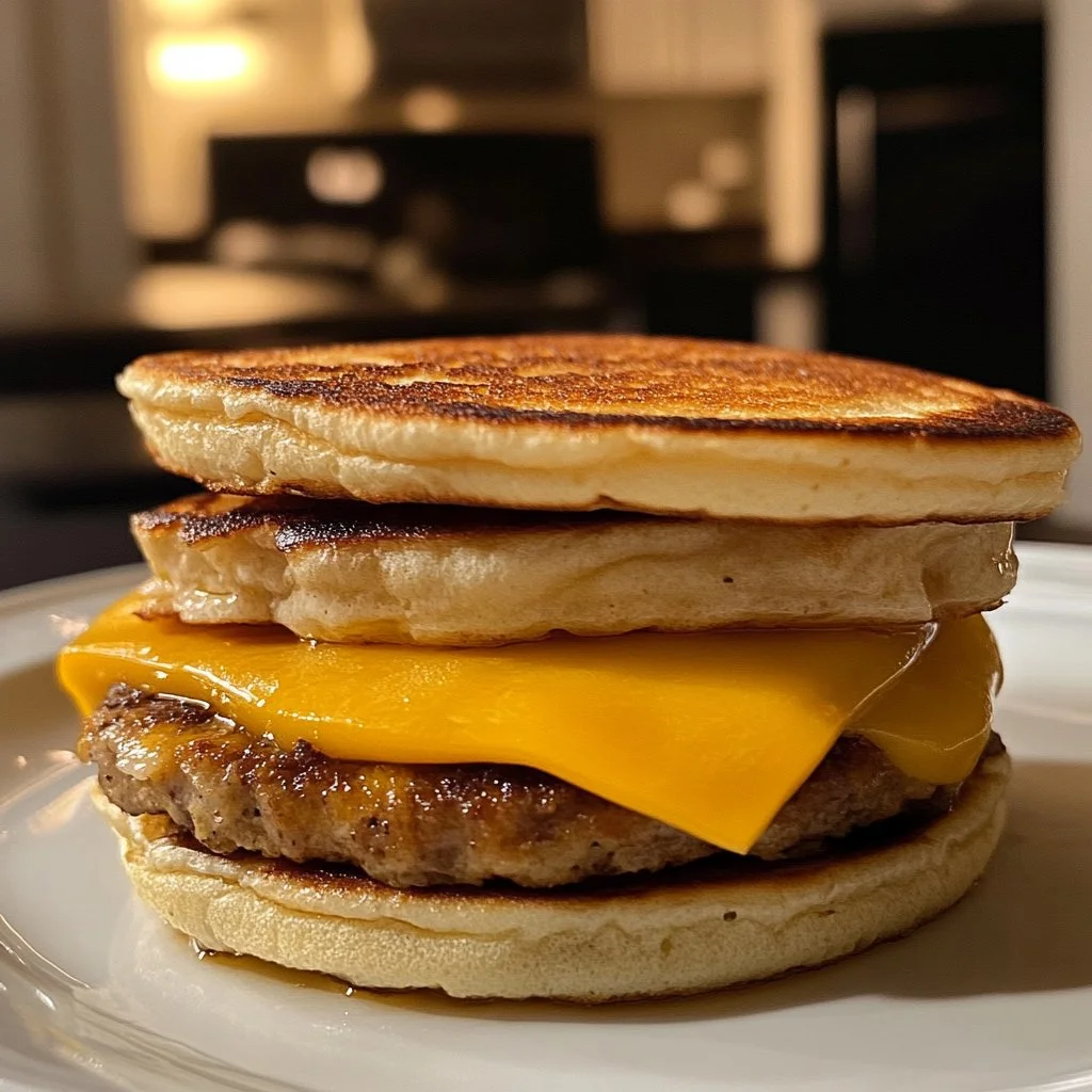Delicious homemade McGriddle breakfast sandwich with maple syrup