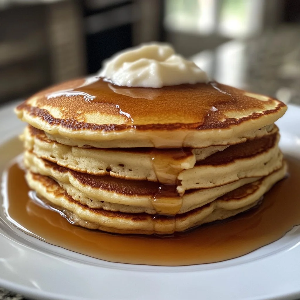 Fluffy homemade pancakes stacked on a plate with syrup and berries