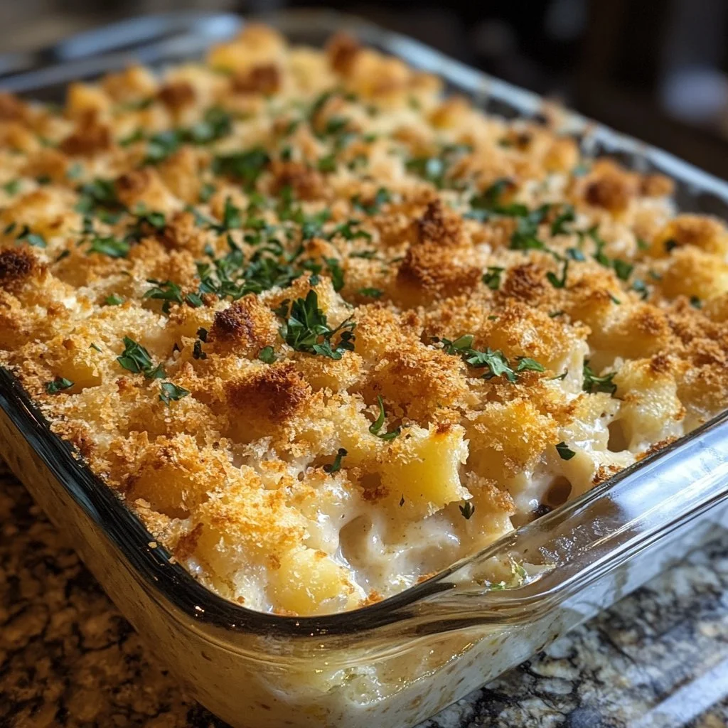 Hominy Casserole dish served with toppings