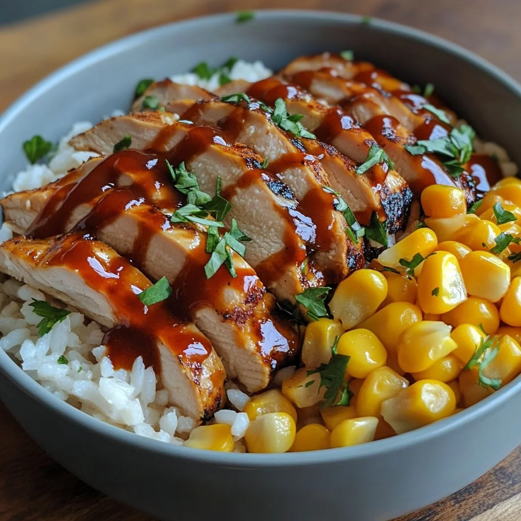 Delicious high protein BBQ chicken bowl topped with ranch dressing and fresh ingredients.