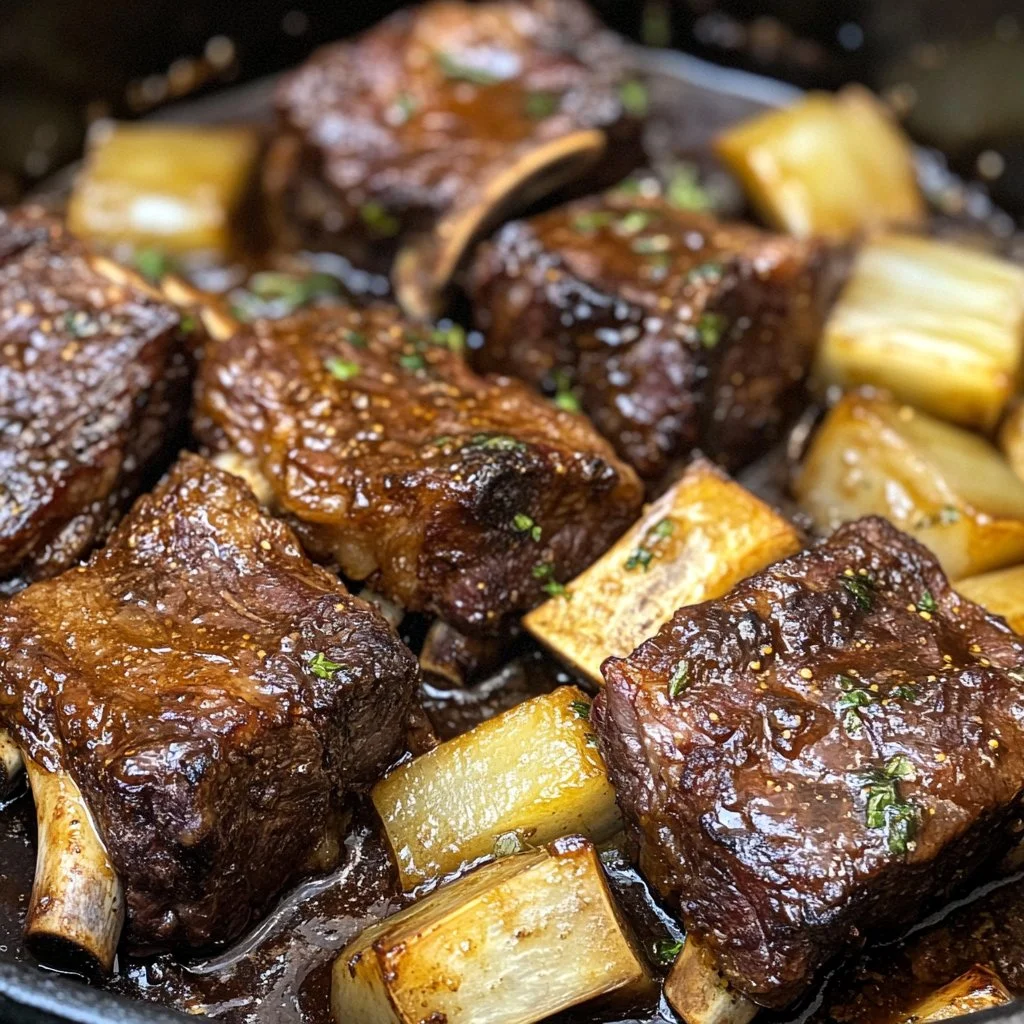 Delicious juicy beef short ribs cooked in a Dutch oven with herbs and spices.