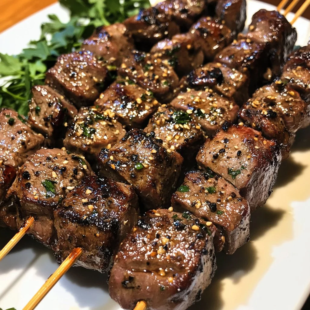 Juicy skirt steak kebabs grilled to perfection served with vegetables