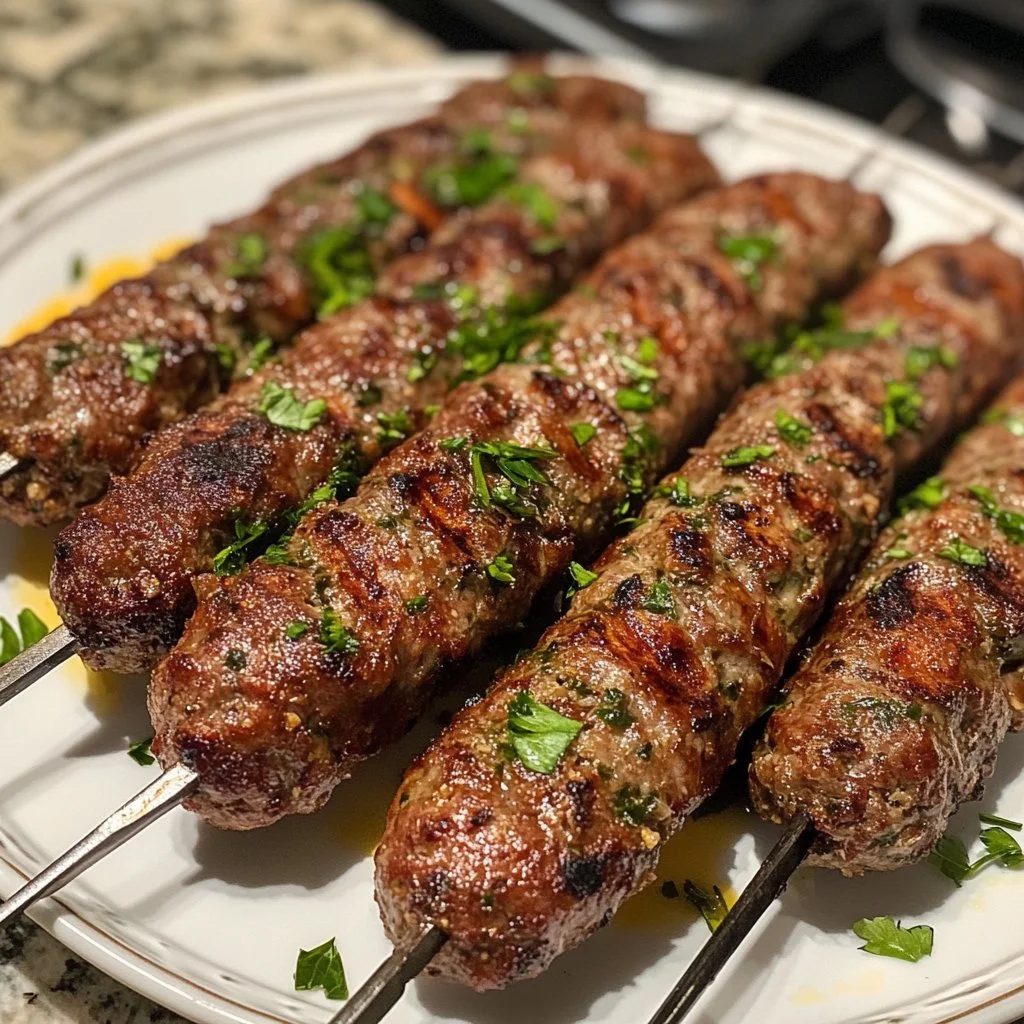 Grilled kafta kebabs on a platter, garnished with parsley and served with sauces.
