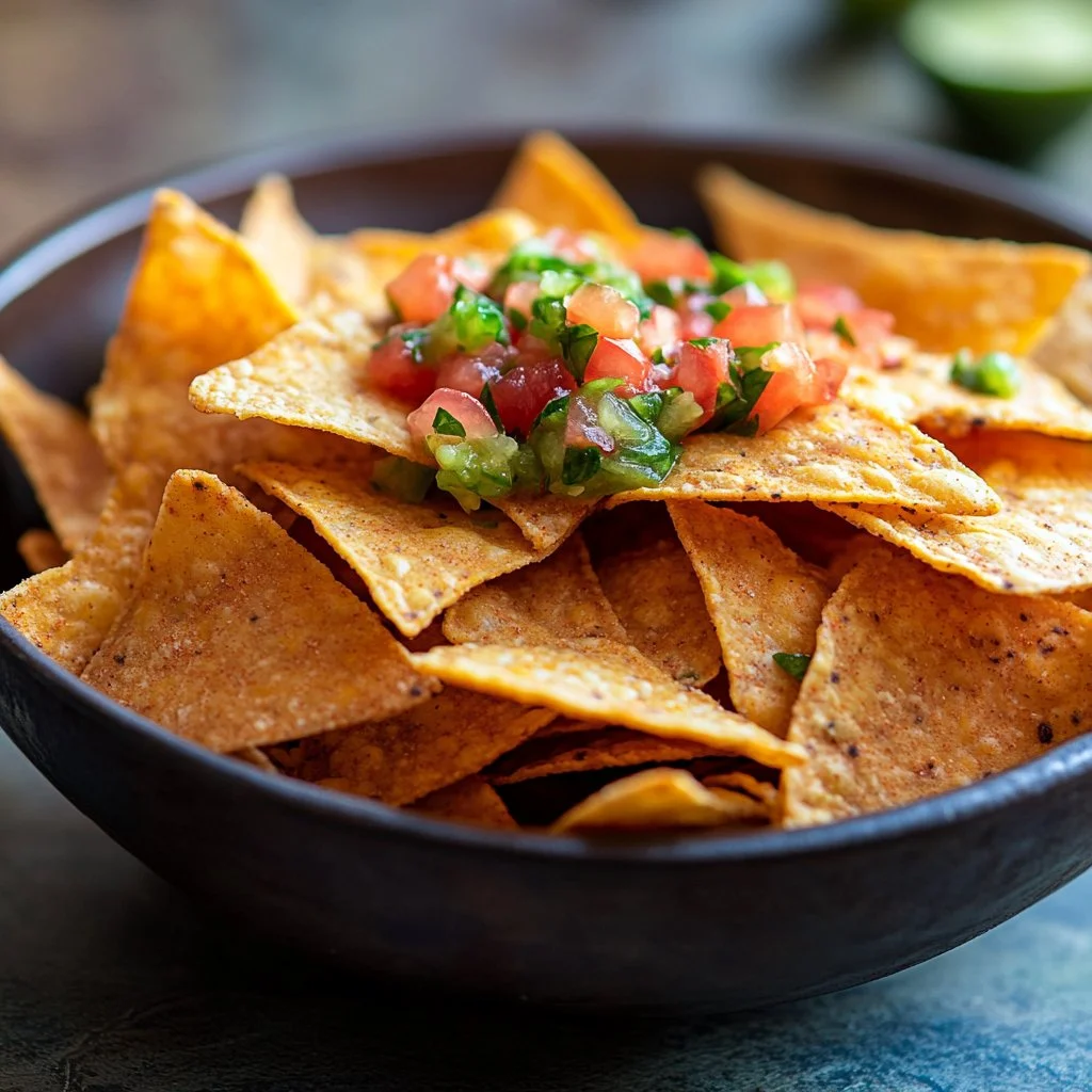Bowl of crunchy Keto Tortilla Chips ready for dipping