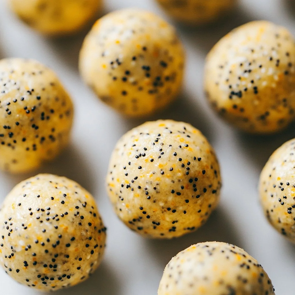 Delicious lemon poppy seed energy bites on a wooden plate