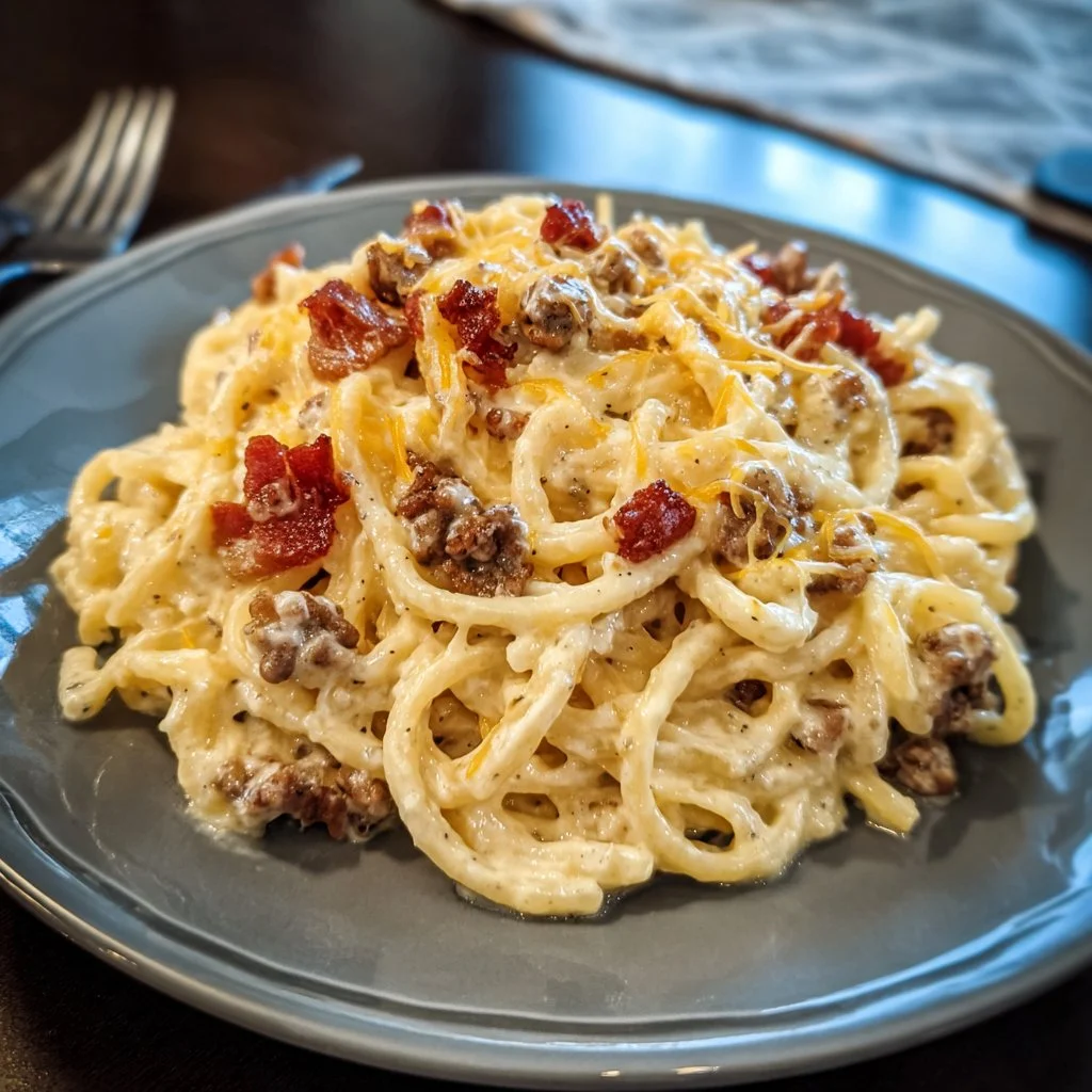 Delicious loaded bacon cheeseburger Alfredo pasta served in a bowl