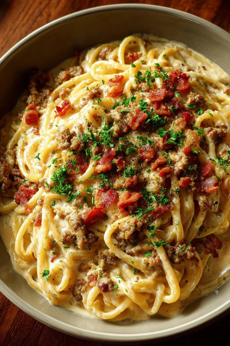 Loaded Bacon Cheeseburger Alfredo Pasta