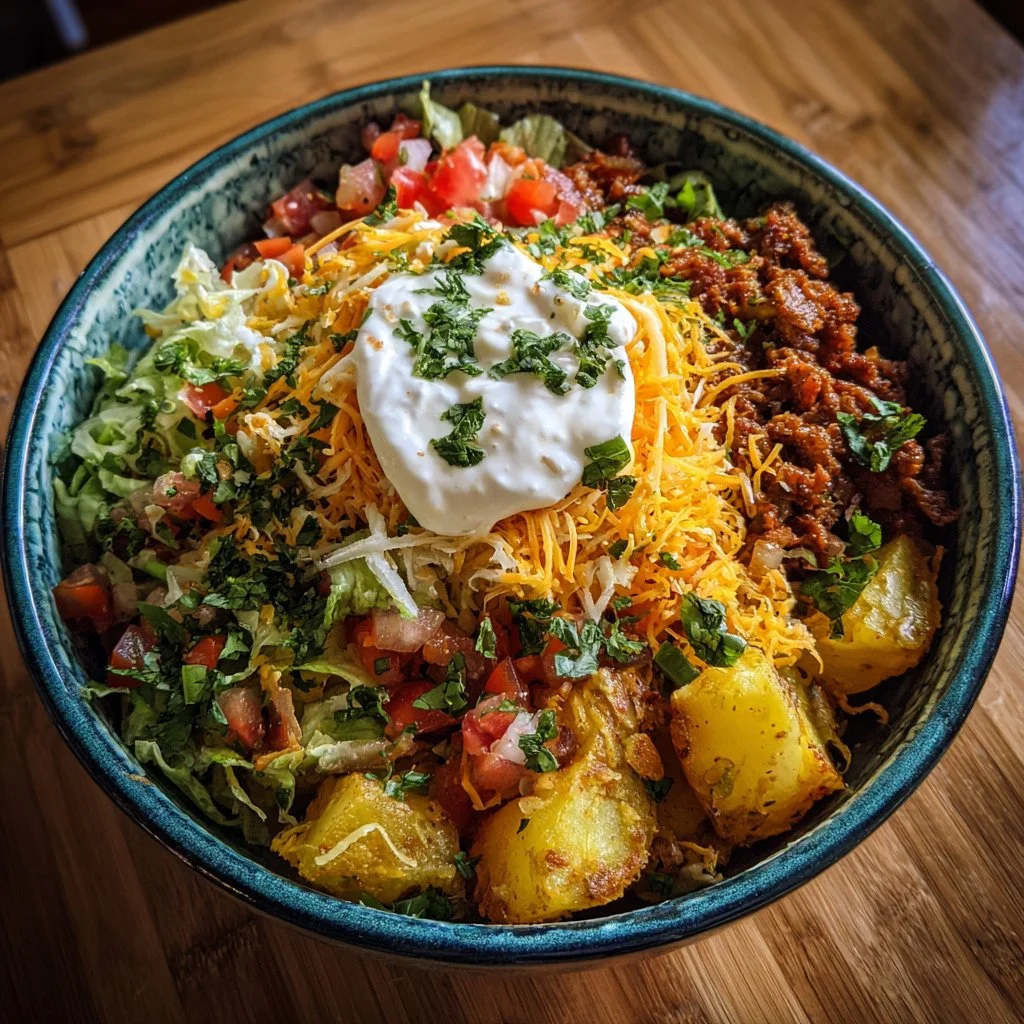 Delicious Loaded Potato Taco Bowl topped with cheese, sour cream, and green onions