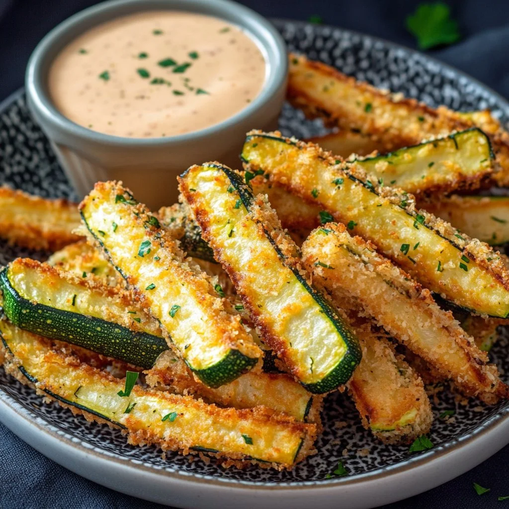 Low calorie air fryer zucchini fries served on a plate