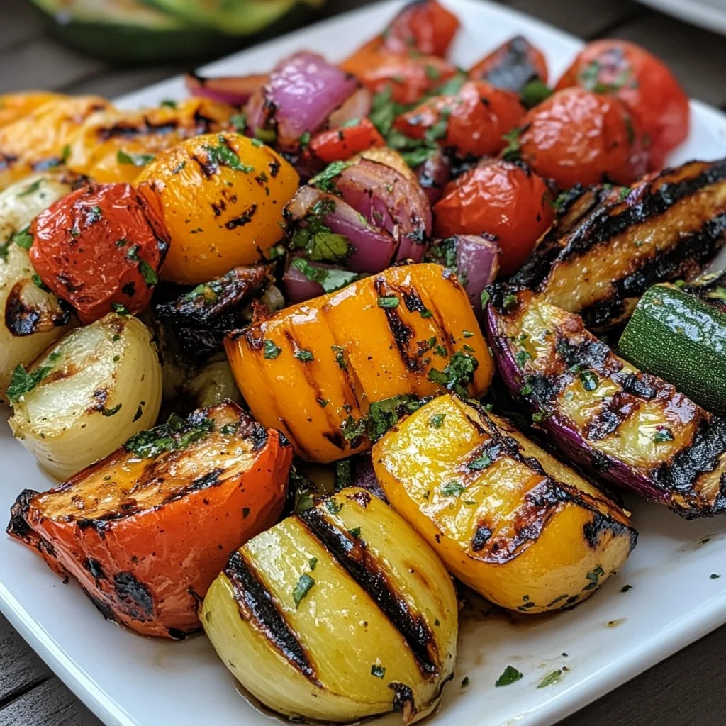 Plate of marinated grilled vegetables including bell peppers, zucchini, and mushrooms.