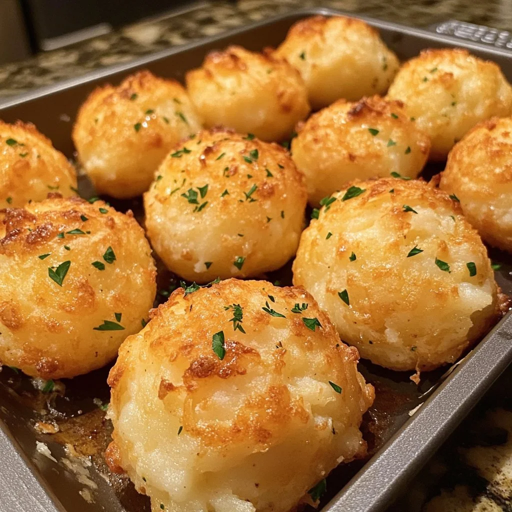 Delicious homemade mashed potato cheese puffs served on a plate.