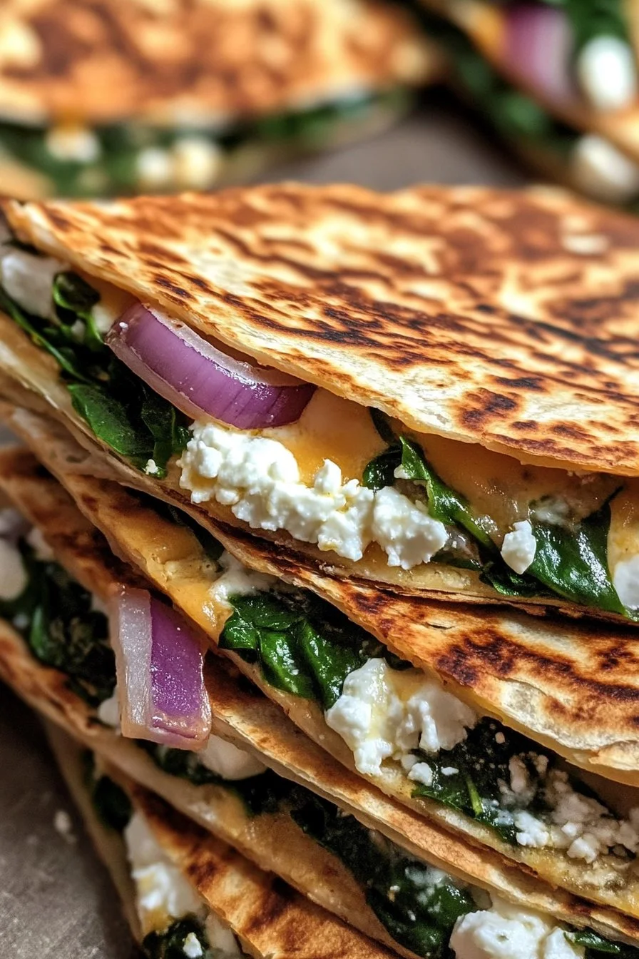 Mediterranean Quesadillas with Spinach, Feta, Mozzarella, and Red Onion