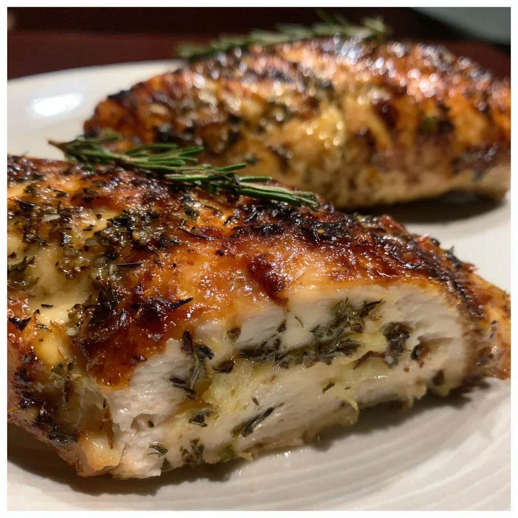Juicy melt-in-your-mouth chicken breast garnished and ready to serve.