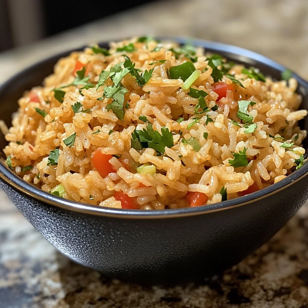 Bowl of Mexican sour cream rice topped with fresh herbs and spices