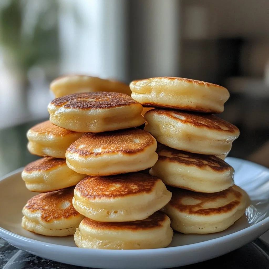 Fluffy mini pancakes served on a plate with syrup and berries for breakfast