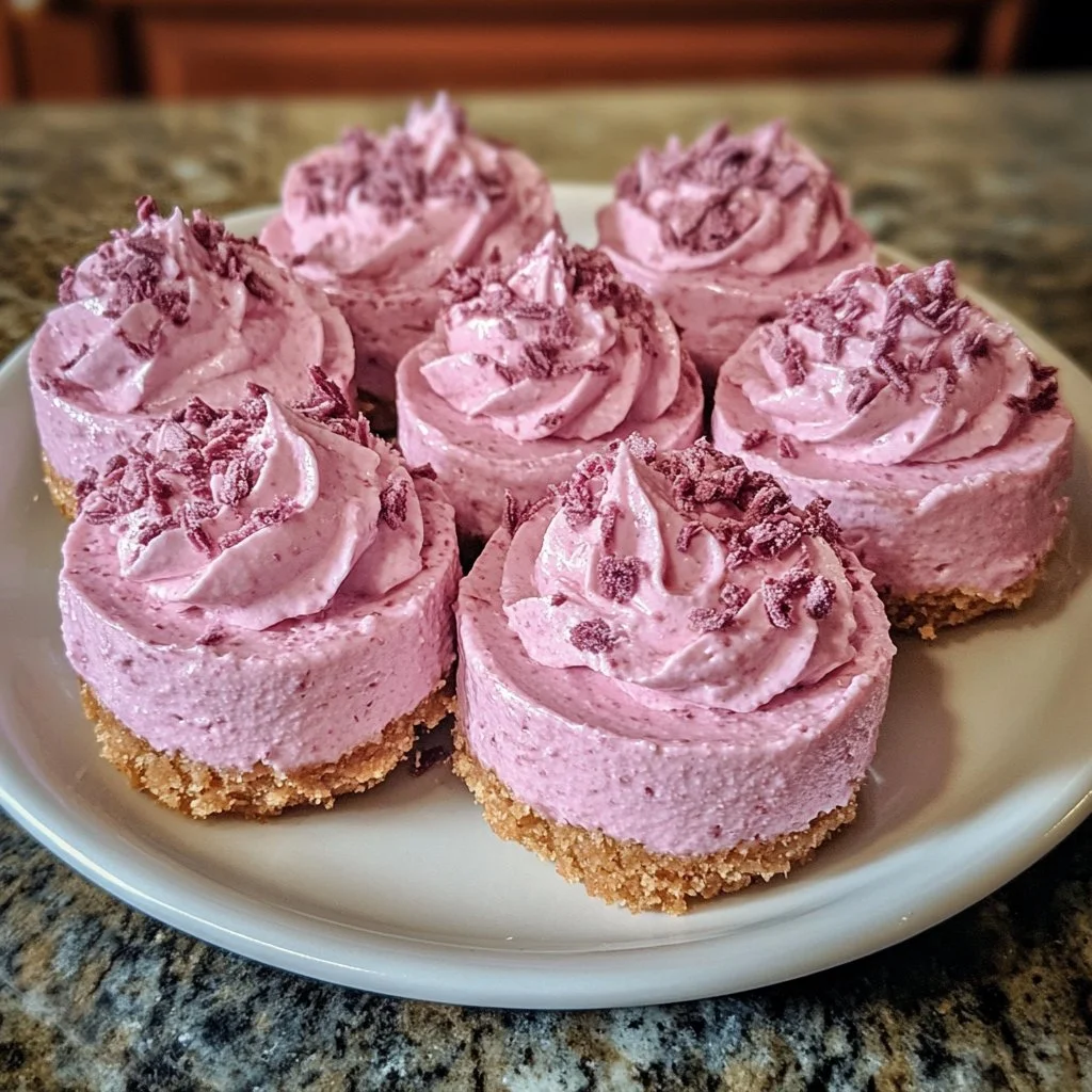 No-bake pink velvet cheesecake bites arranged on a dessert platter