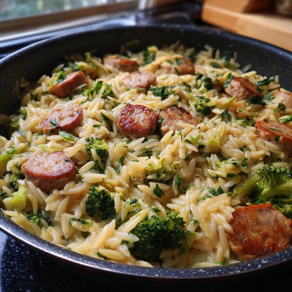 One-pan creamy orzo with chicken sausage and broccoli dish