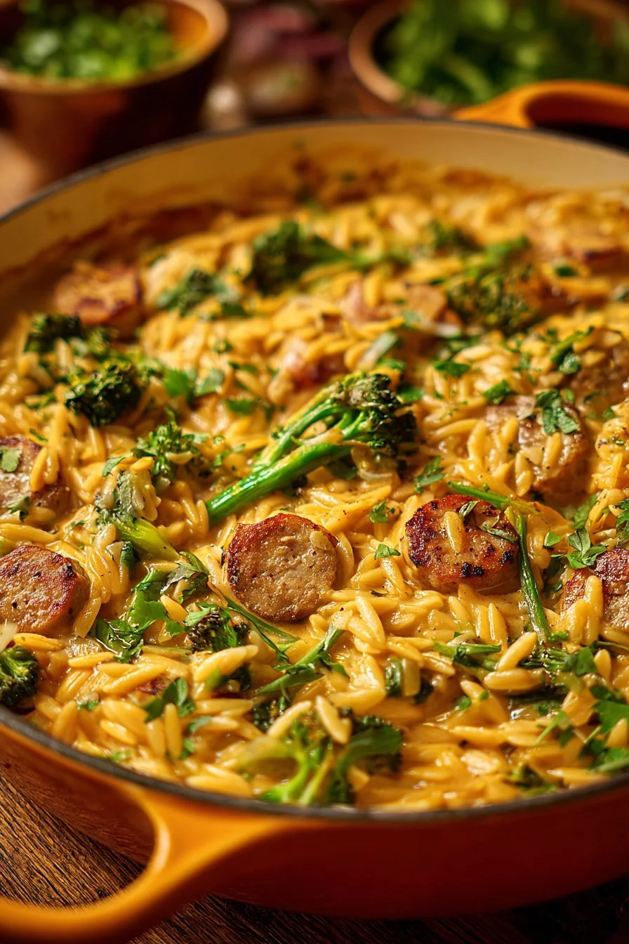 One-Pan Creamy Orzo with Chicken Sausage and Broccoli
