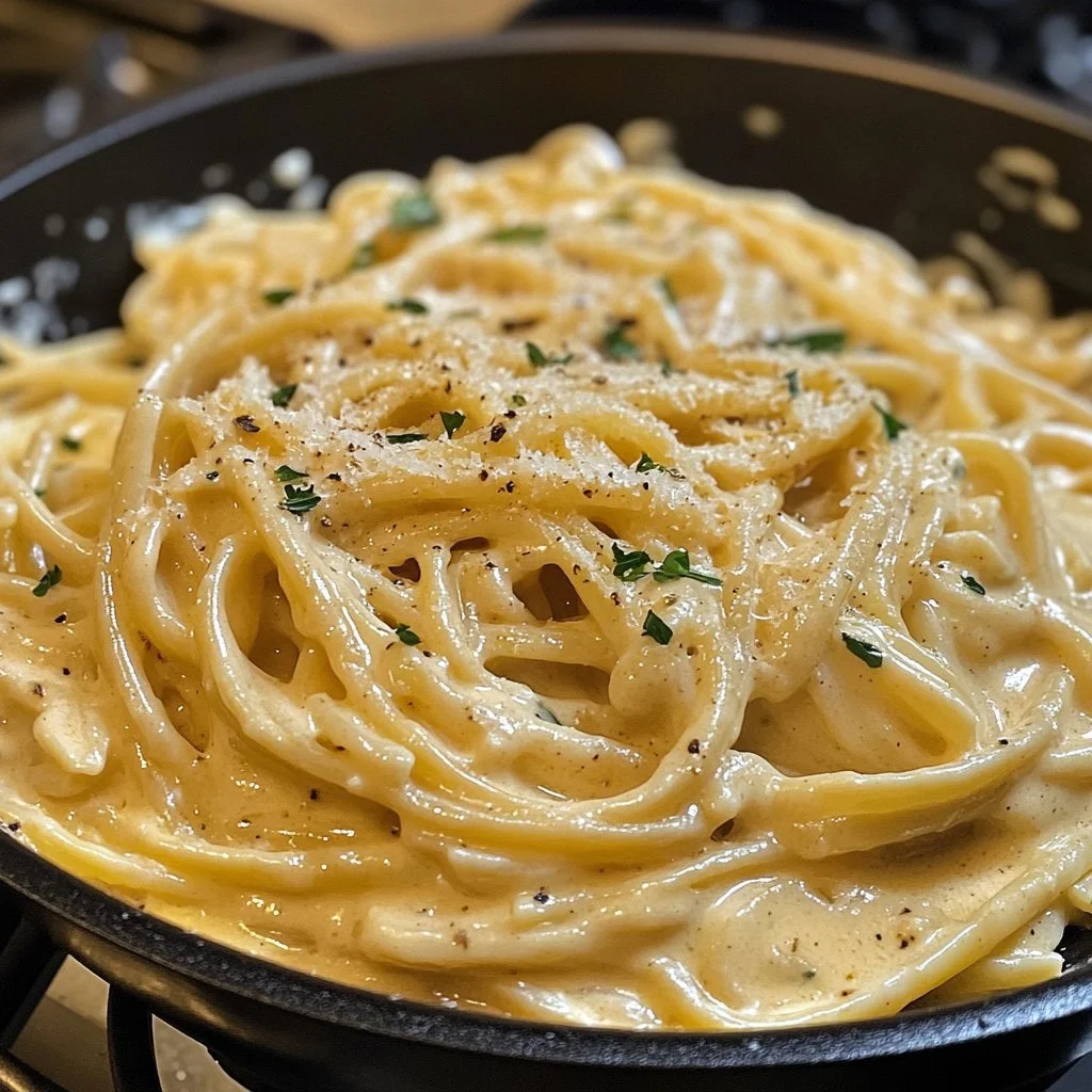 Bowl of creamy garlic pasta topped with parsley and grated cheese