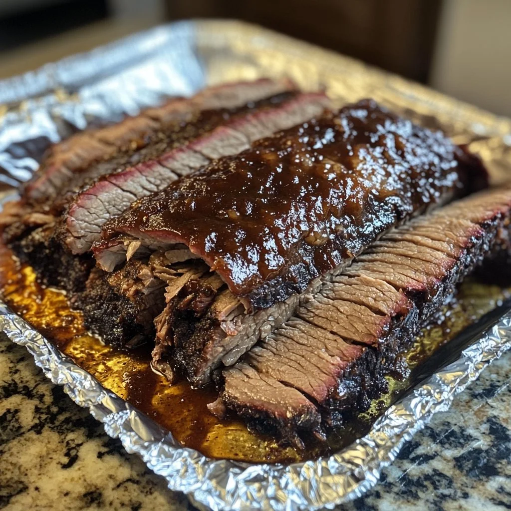 Oven-baked BBQ beef brisket garnished and ready to serve