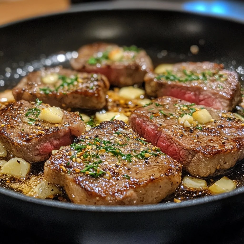 Pan seared steak topped with garlic butter served on a plate