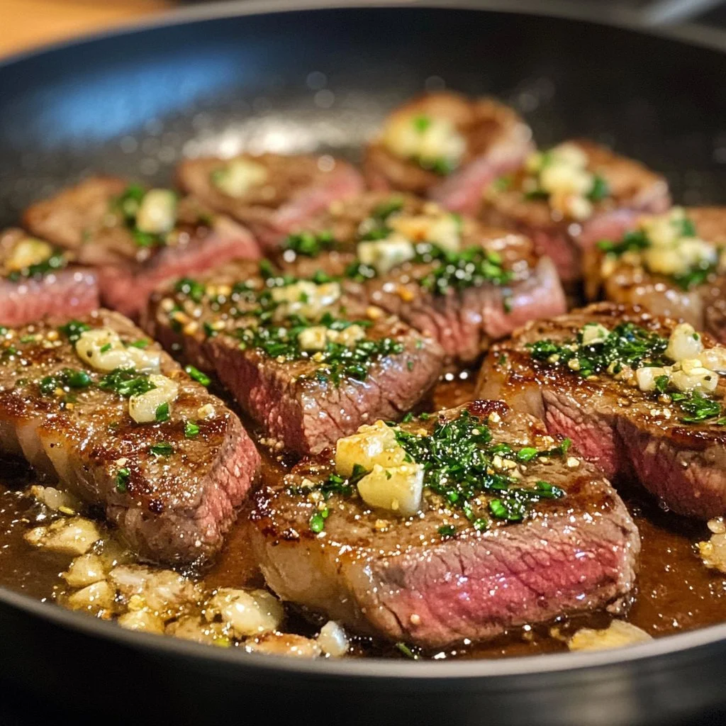 Delicious pan-seared steak topped with garlic butter, served with herbs.