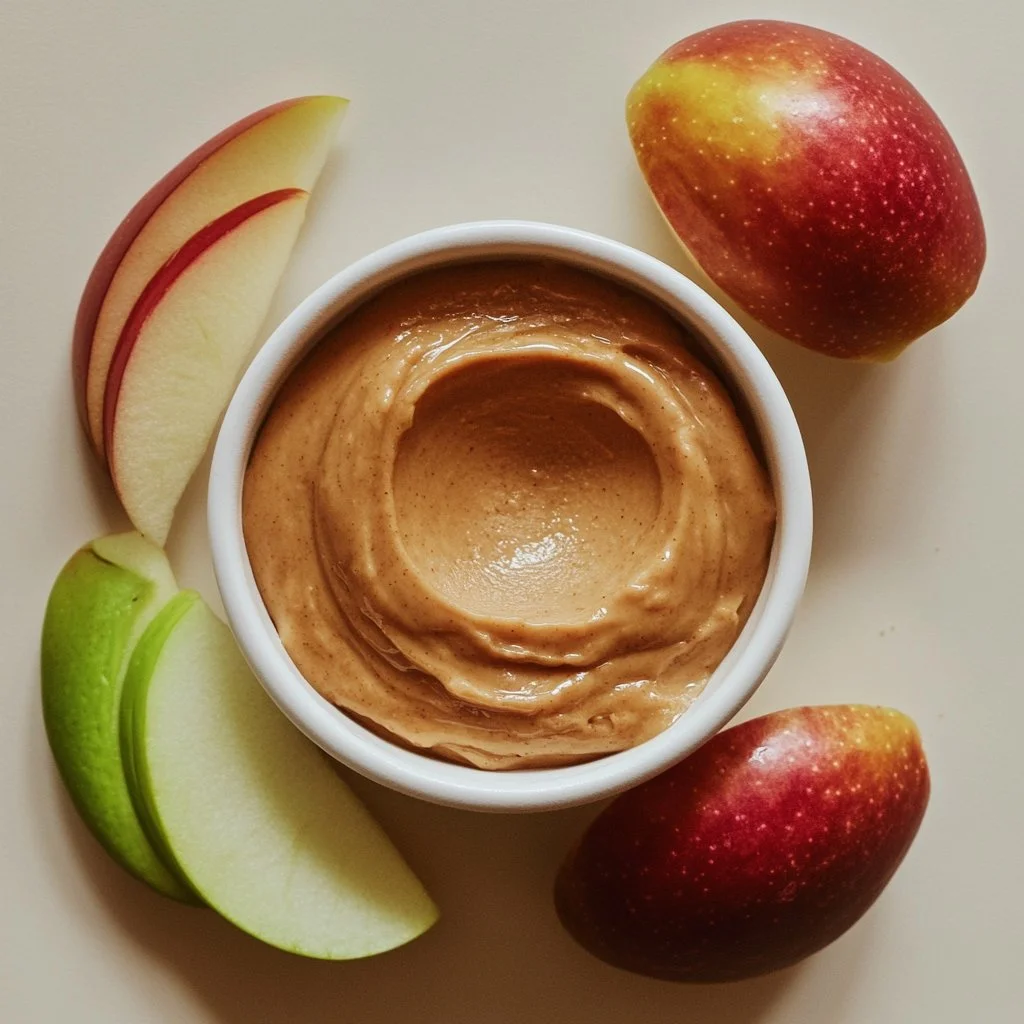 Peanut butter yogurt dip served with sliced apples on a plate