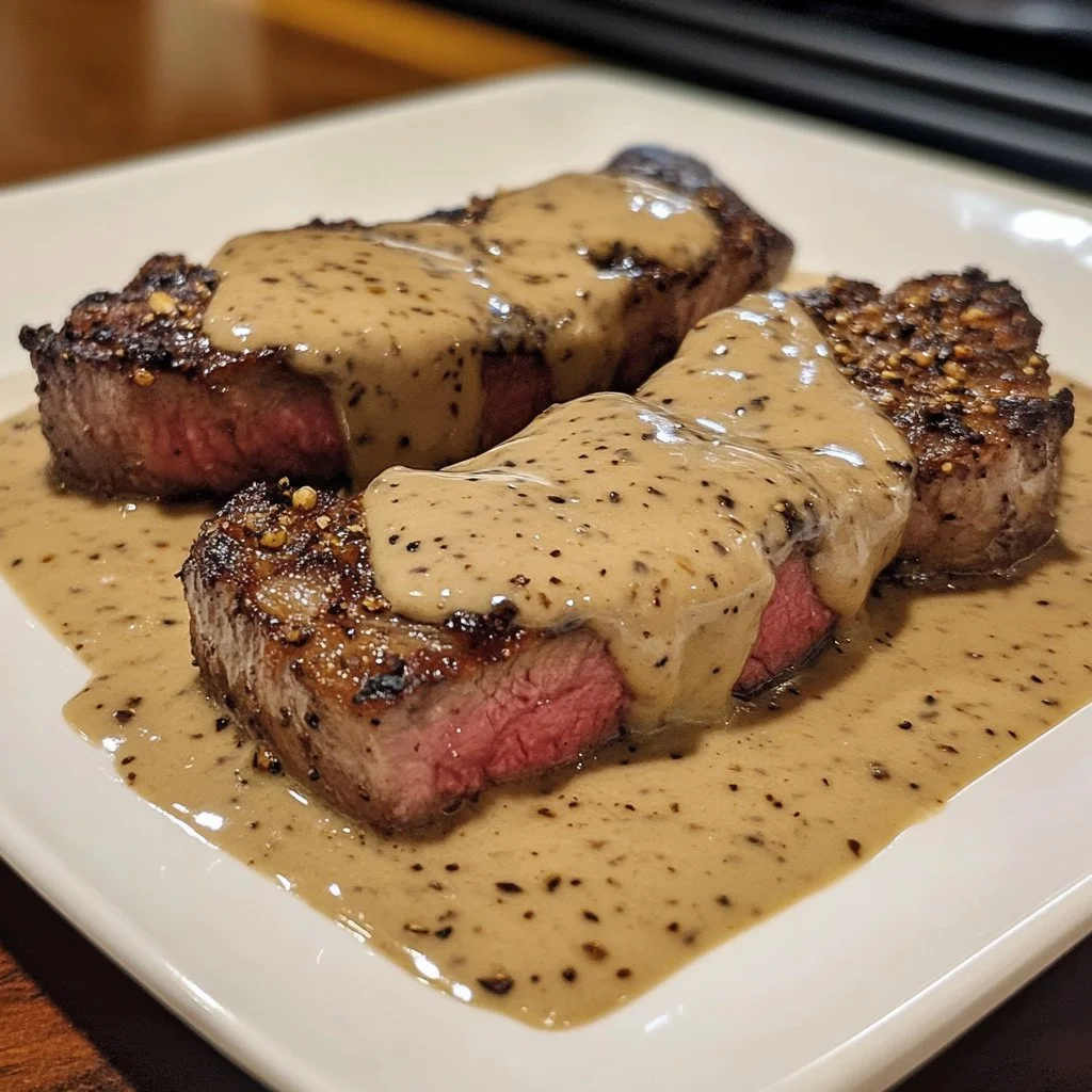 Peppercorn crusted steak with creamy peppercorn sauce on a plate