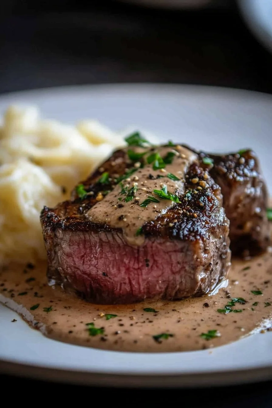 Peppercorn Crusted Steak with Creamy Peppercorn Sauce