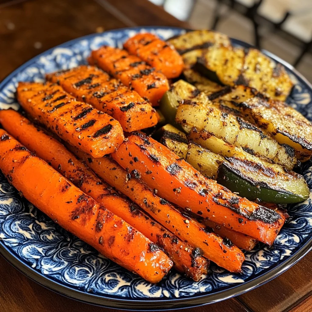 Grilled marinated carrots and bell peppers on a platter for a healthy dish