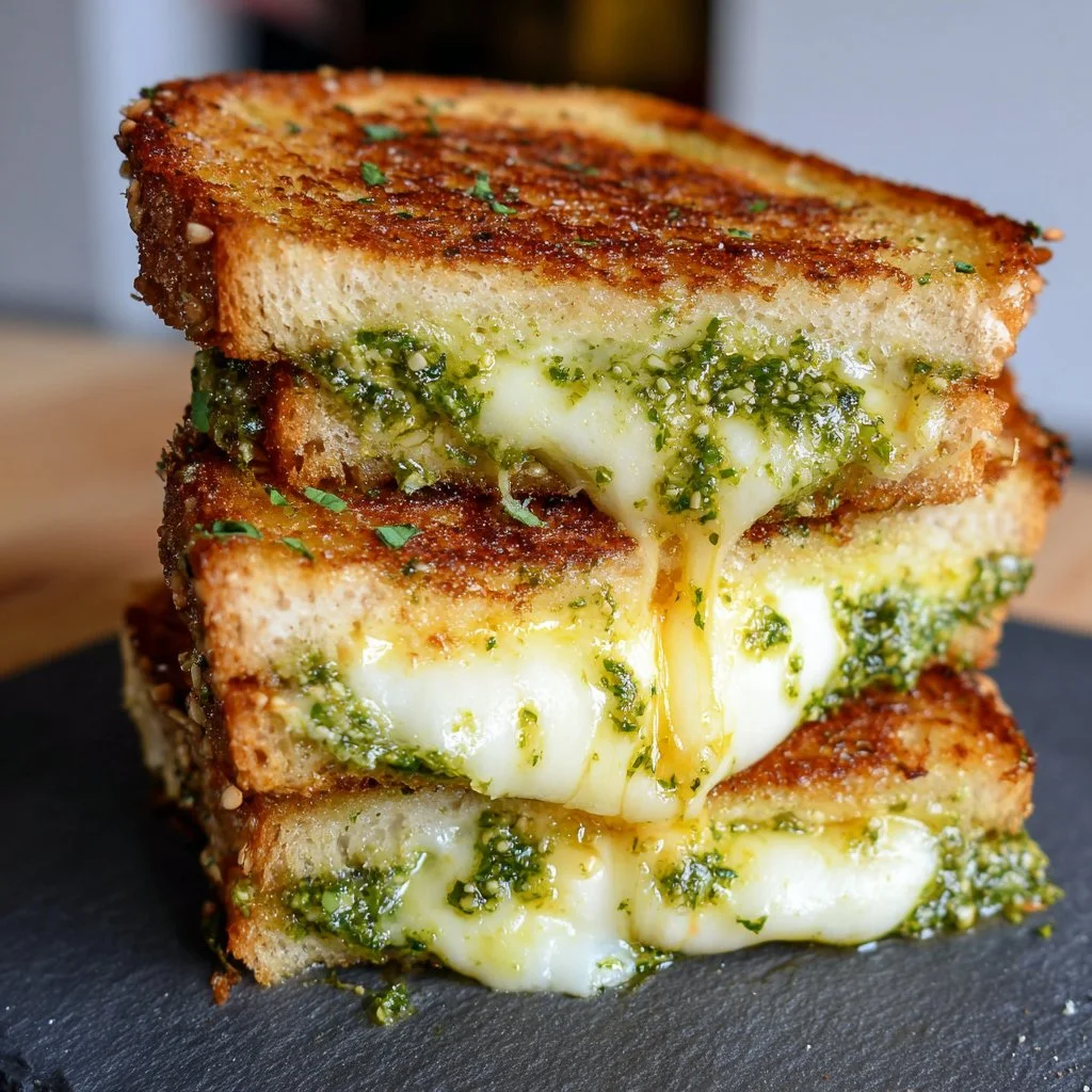 Delicious pesto grilled cheese sandwich with melted cheese and fresh basil.