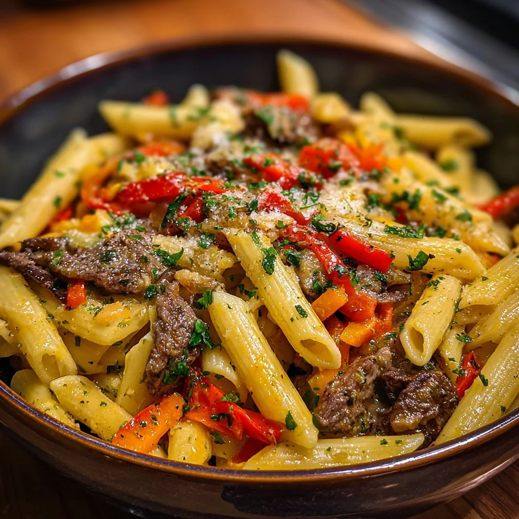 Delicious Philly Cheesesteak Pasta topped with cheese and peppers