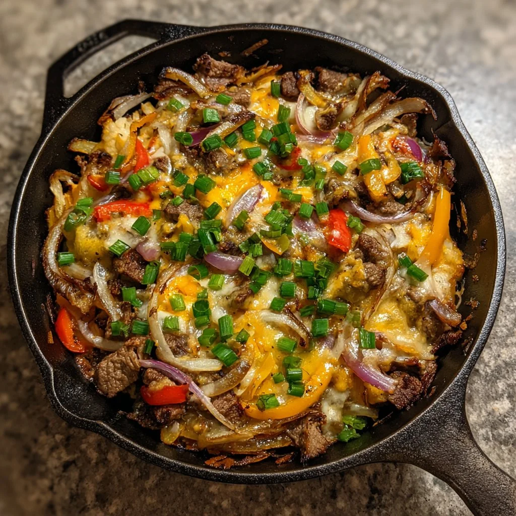 Philly Cheesesteak Skillet with beef, peppers, and onions on a plate