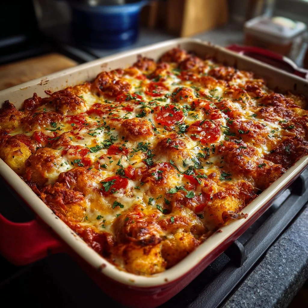Delicious Pizza Tot Casserole topped with cheese and pepperoni