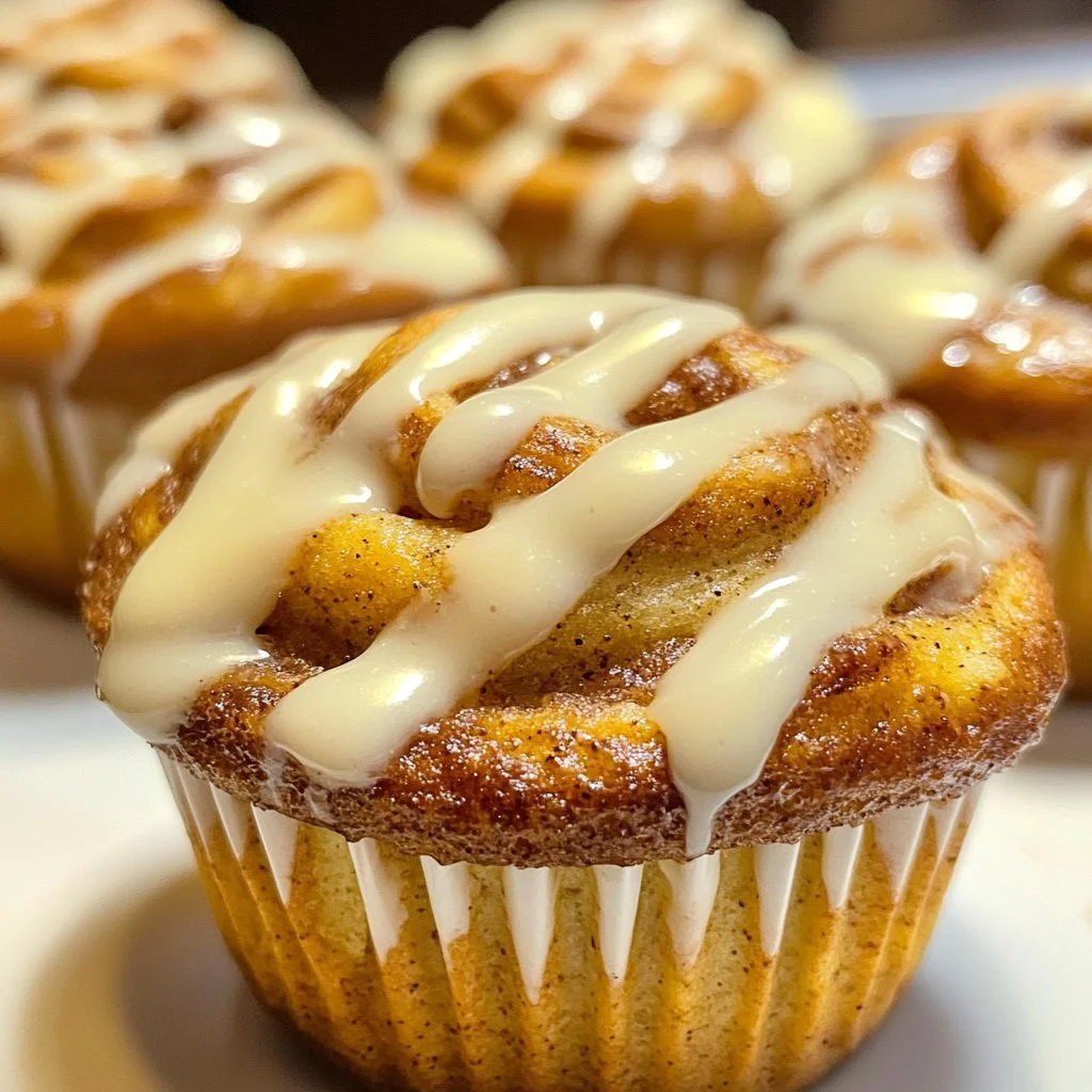 Protein-packed cinnamon roll muffins with icing on a baking tray.