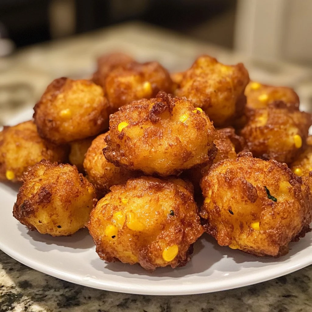 Puerto Rican corn fritters served on a plate with dipping sauce