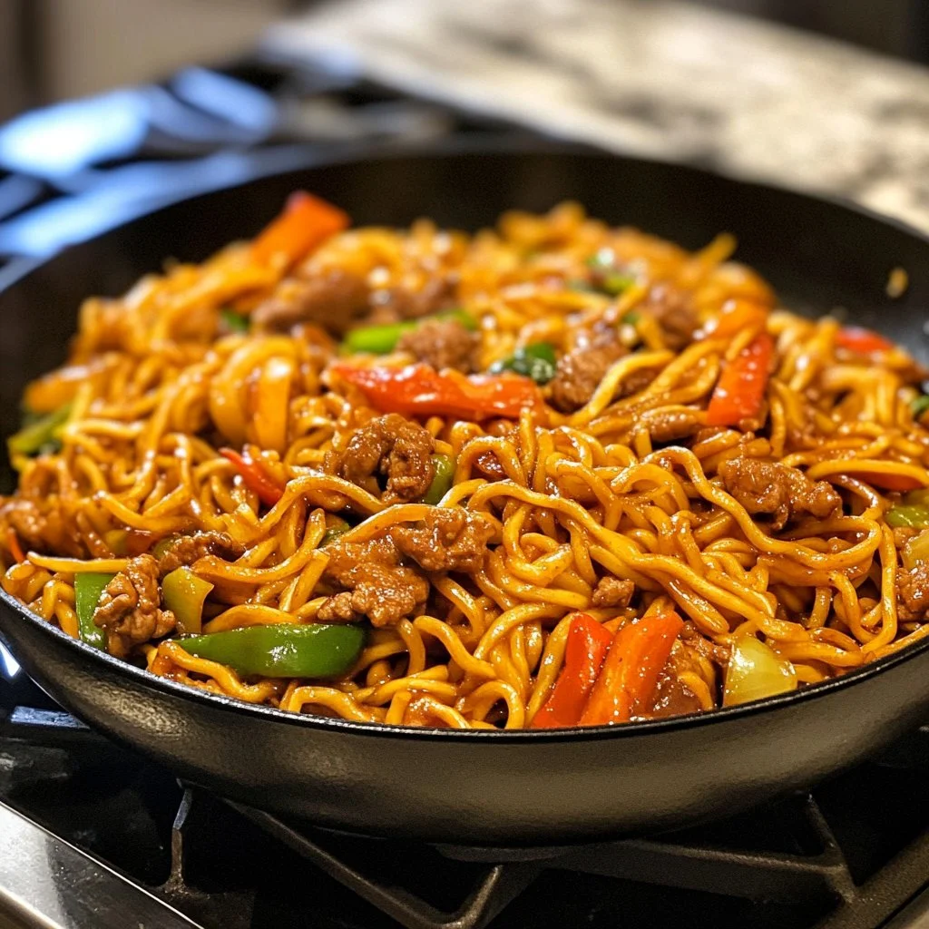 Plate of quick and easy homemade chow mein noodles with vegetables