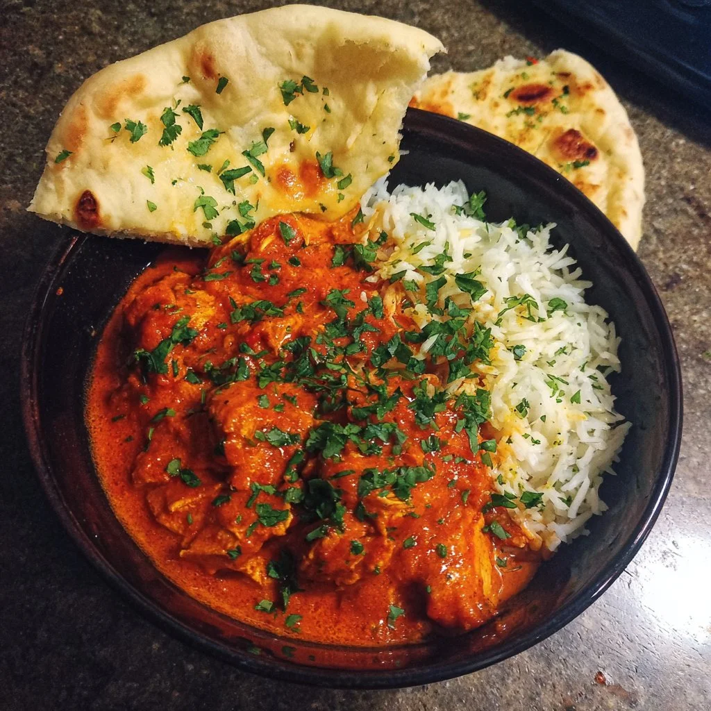 Delicious homemade butter chicken served with naan and rice.