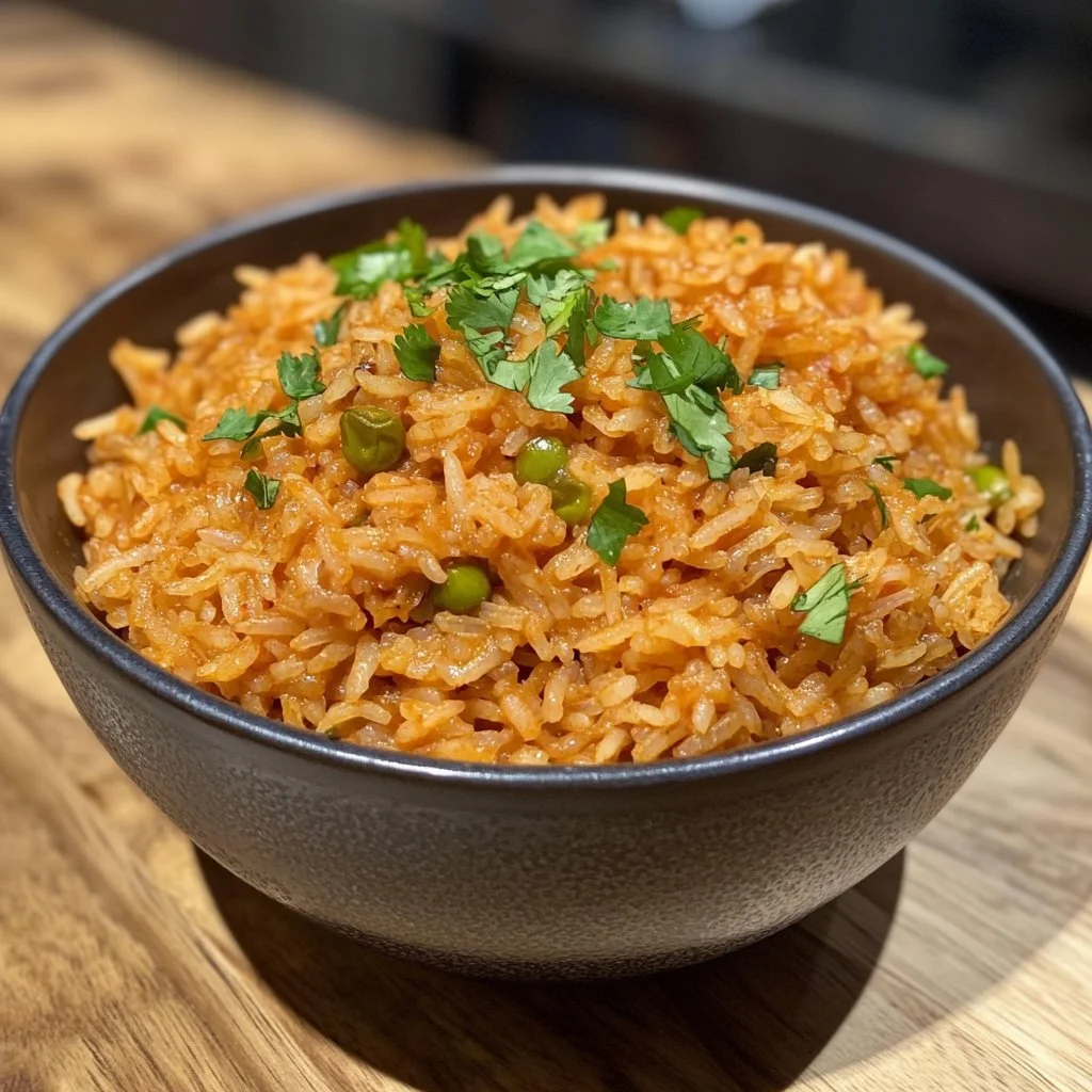 Delicious Rice Cooker Mexican Rice in a bowl garnished with herbs