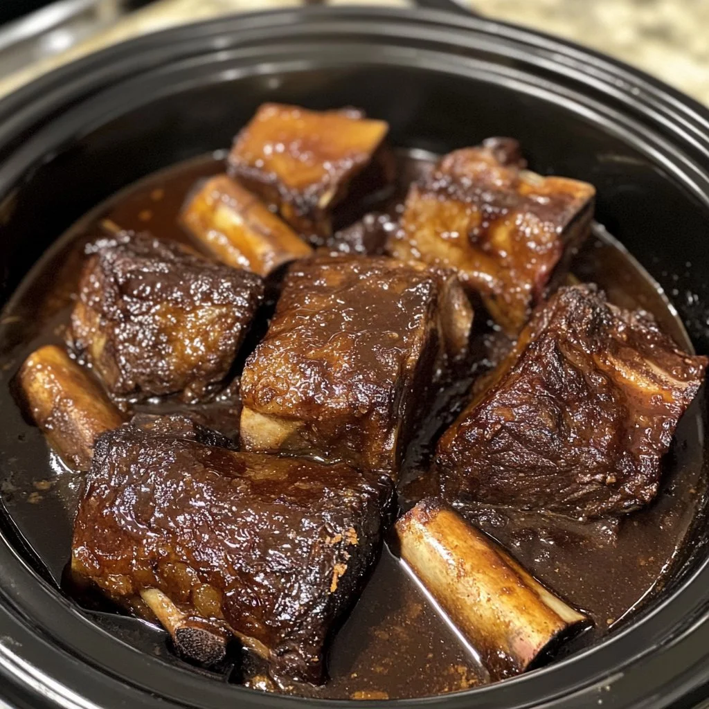Savory beef short ribs cooked in a crock pot, served with herbs and spices.