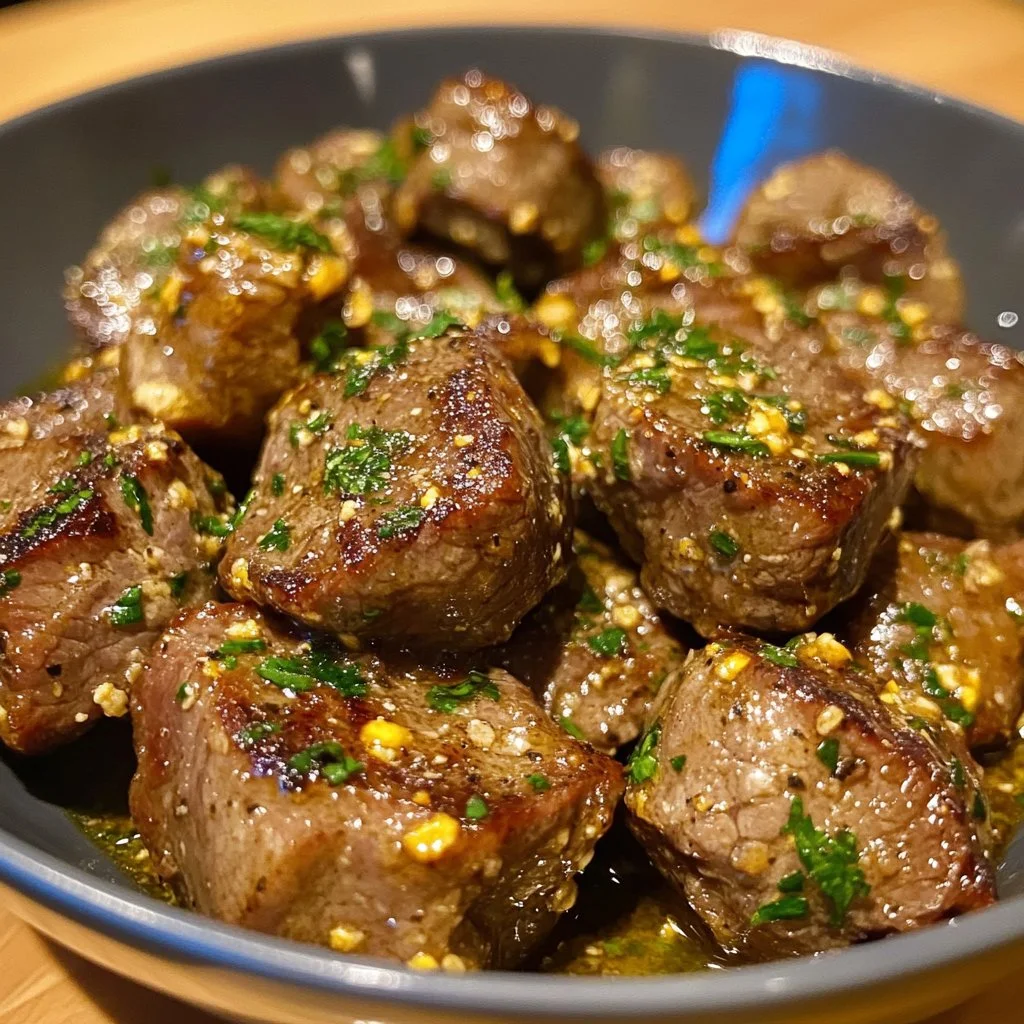 Savory crock pot garlic butter steak bites ready to serve